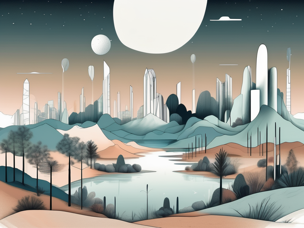 A surreal landscape that merges different environments (like a cityscape