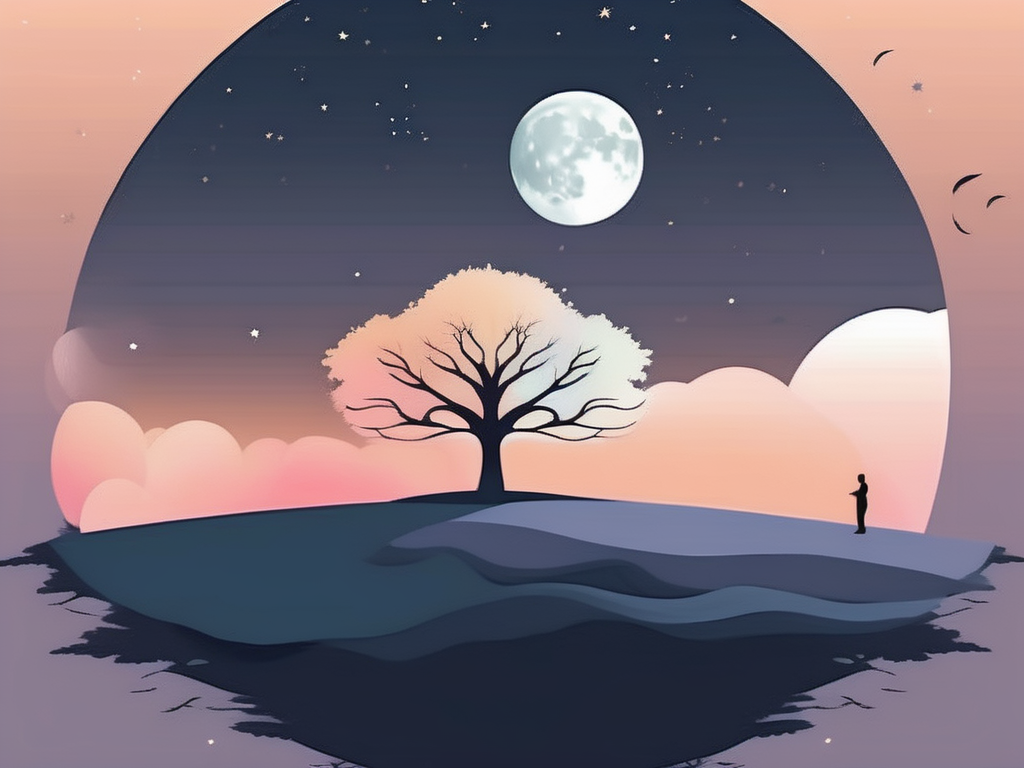 A serene nighttime landscape with a tranquil moon above